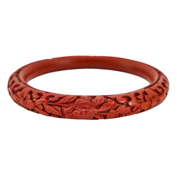 Hand Carved Red Cinnabar Lacquer Bangle Bracelet Floral & Scroll Chinese Export - Picture 8 of 11